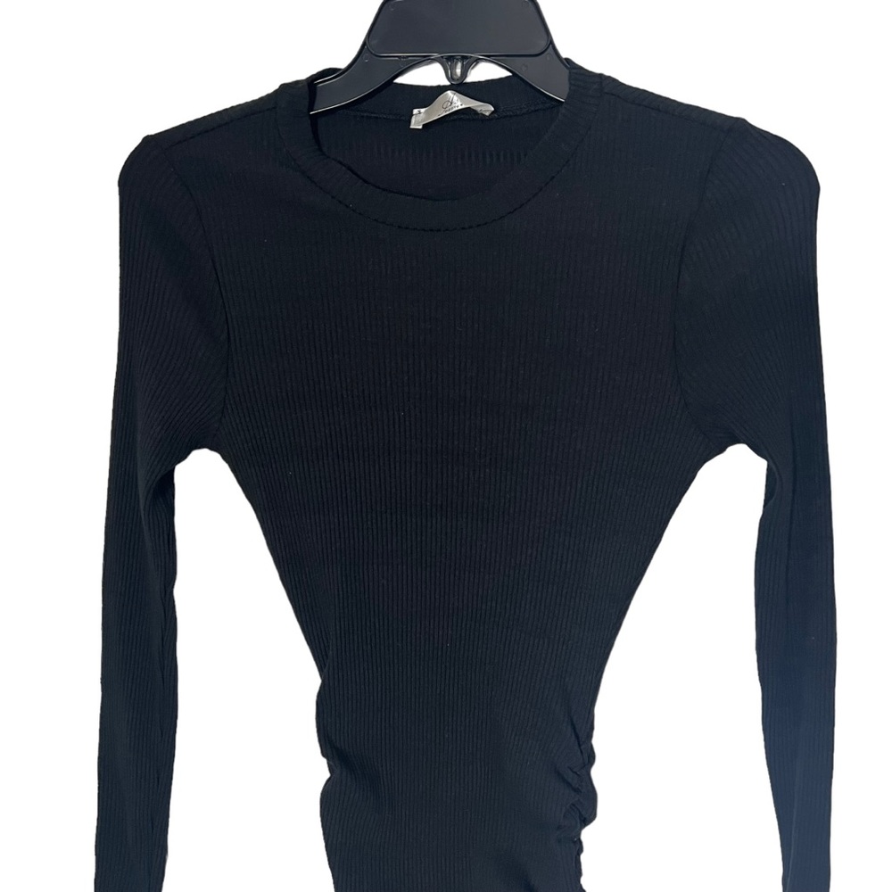 Black Ribbed Long Sleeve Side Ruched Mini Bodycon Dress - Picture 6 of 9